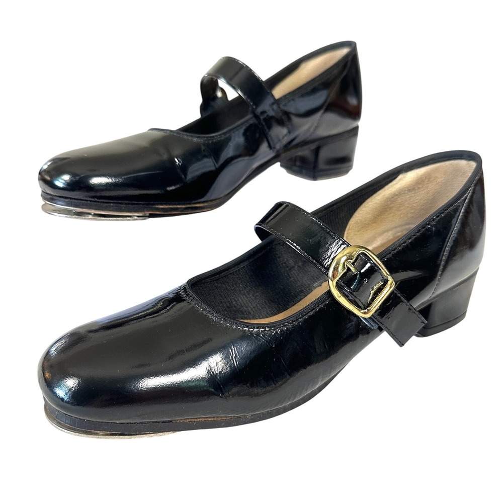 VTG Stevens Stompers Tap Shoes Black Patent Mary Jane 2 Inch Heel 8 M Made USA